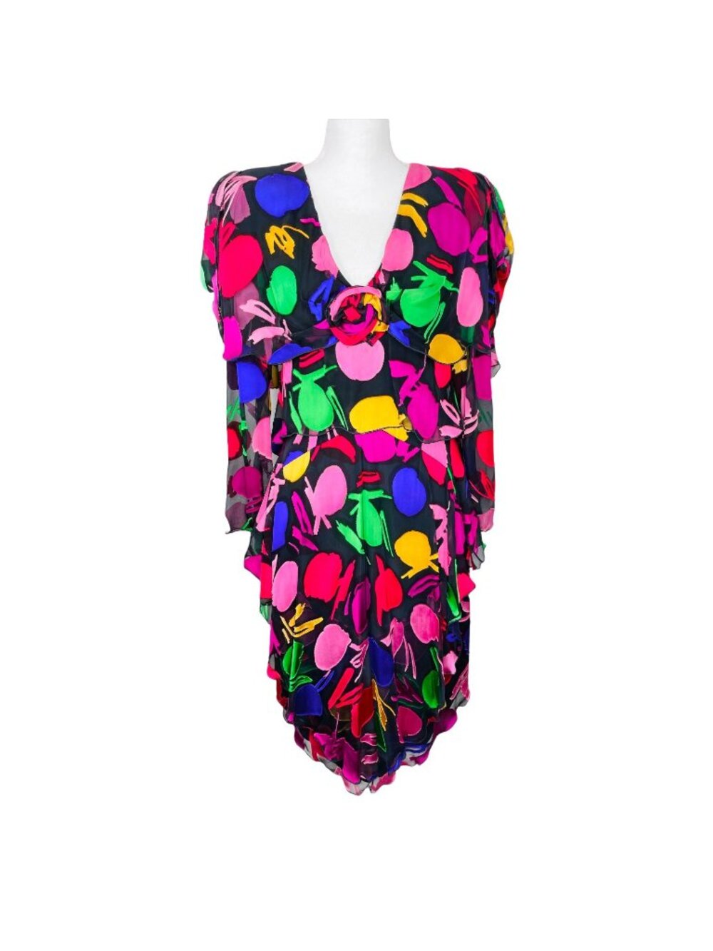 Vintage Holly Harp Bright Funky Tiered Silk + Chiffon Midi Dress Petite Small S
